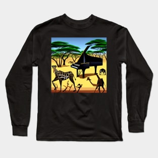 A Piano Inside An African Safari Park With Animals Dancing Around It. Long Sleeve T-Shirt